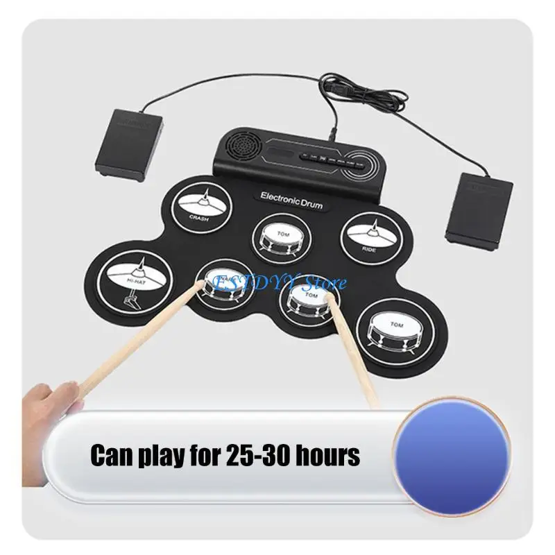 G6DE مجموعة طبلة إلكترونية قابلة للطي وسادة ممارسة سيليكون محمولة مع مكبر صوت أفخاذ دواسة قدم لعبة موسيقية للأطفال