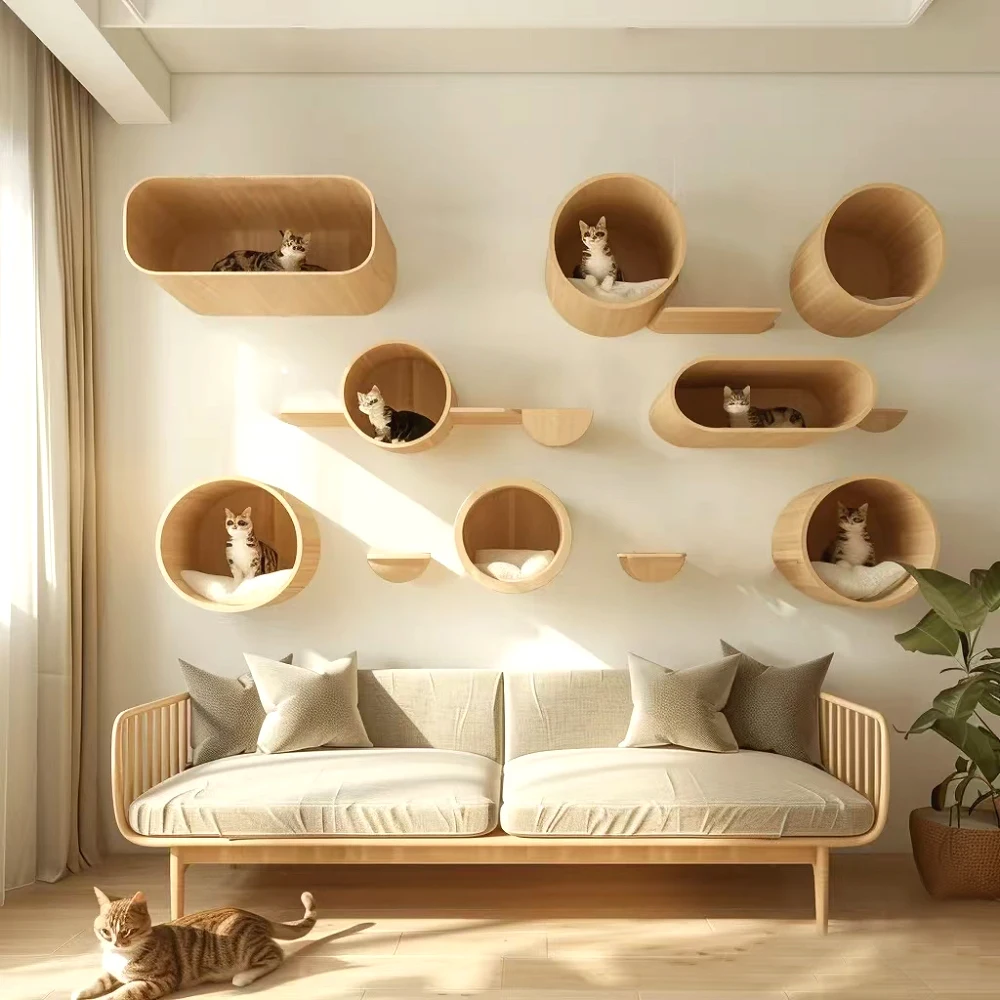 

Wall Cat Climbing Shelf Wooden Cat Tree Tower Perch with Scratching Post Hammock and Sisal Ladder Indoor Pet Cats Accessories