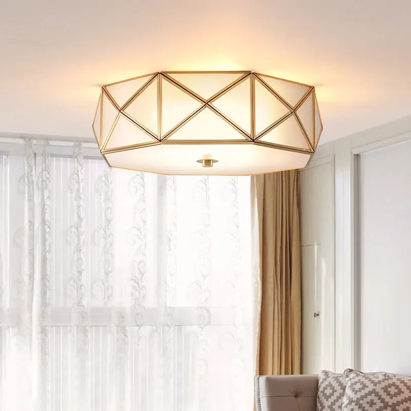 

America Style Retro Real Brass Frosted Glass Foyer Led Ceiling Light Lustre Electroplated Brass Bedroom Loft Led Ceiling Lamp