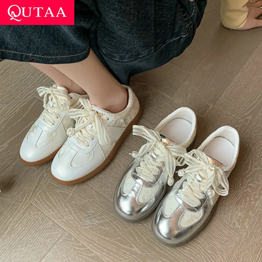 QUTAA 2024 Women Sneakers Spring Autumn Splicing Genuine Leather String Bead Lace-Up Casual Working Shoes Woman New Size 35-40