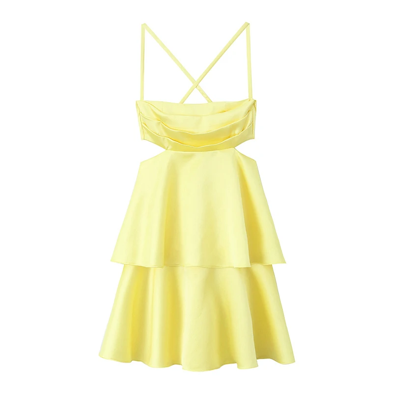 Mini vestido de cetim sem costas feminino, vestido de festa amarelo, moda verão, sexy, 2024