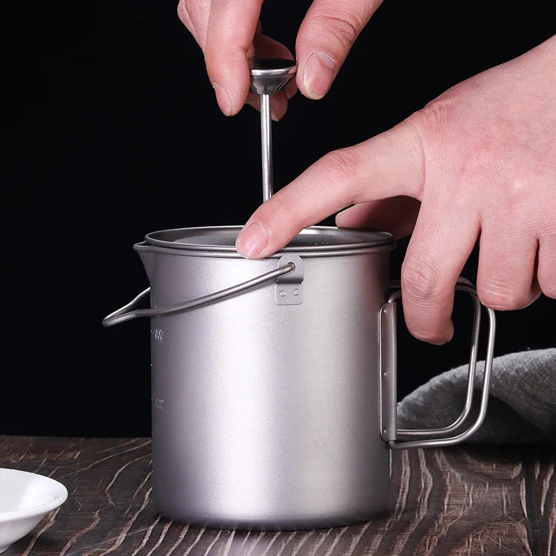 Titanium Coffee Cup Mug French Press Pot Coffee Maker with Lid Outdoor Camping Cooking Pot Fork Spoon Tableware