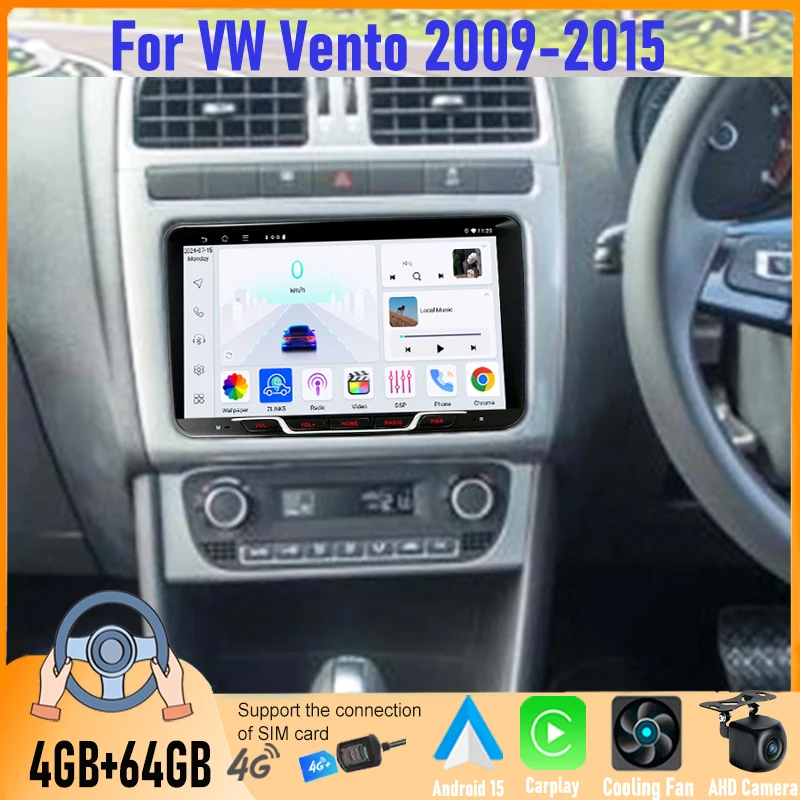 9'' For VW Vento 2009-2015 Car Radio 4G Google Map GPS Reversing Image Stereo BT Camera Android 15 Auto Carplay FM Navi Wifi