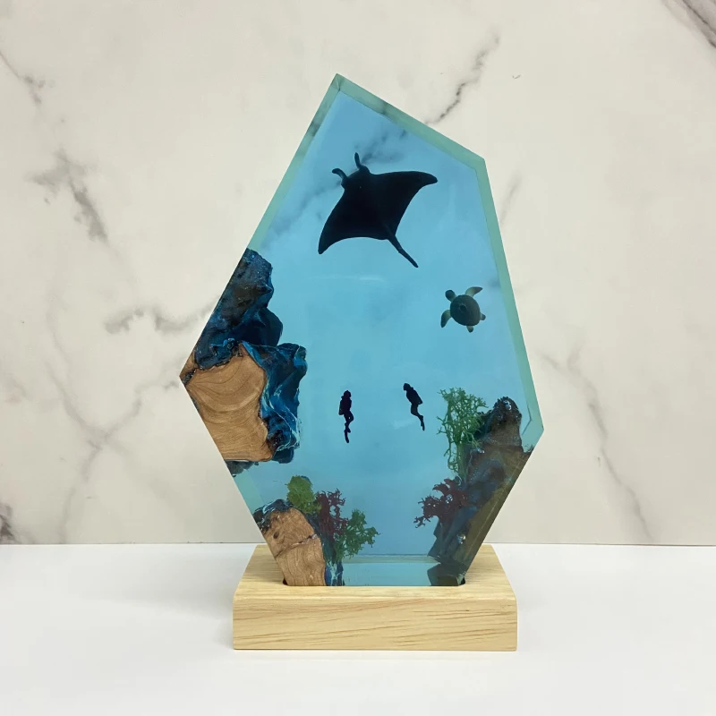 Lampu Resin Tema Laut Kreatif Artistik Lampu Malam Indah Dekorasi Kerajinan Lampu Meja USB Elemen Penyu Laut Penyelam Manta