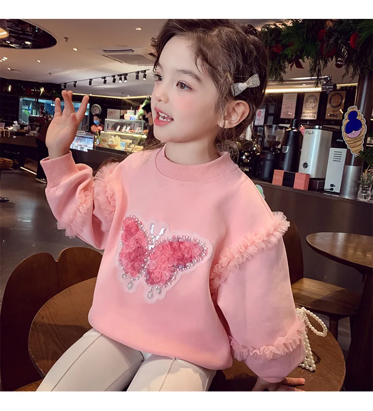 Herbst Kinder Mädchen Sweatshirts Schwestern Partnerlook Baumwollkleidung Pailletten Schmetterling Rüschenbesatz Langarm Rundhals Pullover Tops – Detail 7