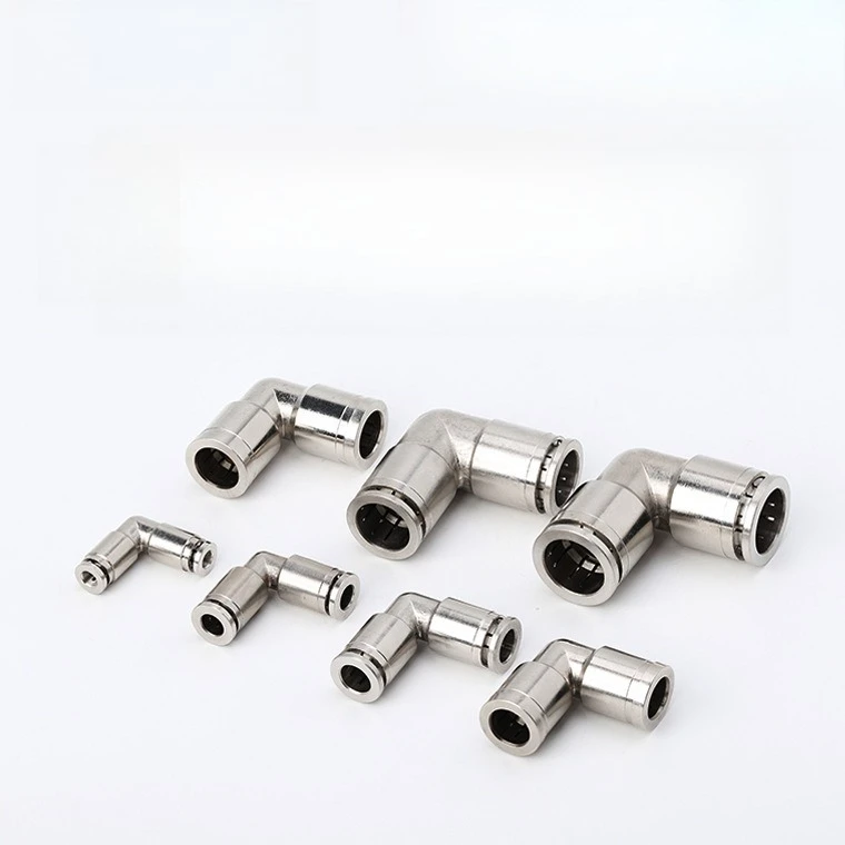 PV-8 Brass Nickel-Plated Quick Connect Fitting, 90° High Pressure Pneumatic Elbow, Air Tube Coupler for Industrial Automation
