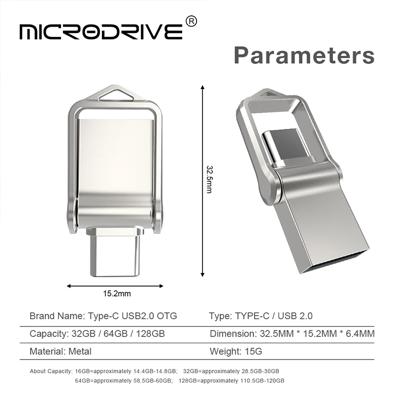 Mini USB Flash Drive para Laptop e Desktop, Memory Stick, Metal Tipo C U Disco, Caneta de alta velocidade, 2 em 1 OTG, USB 2.0, 32GB, 64GB, 128GB