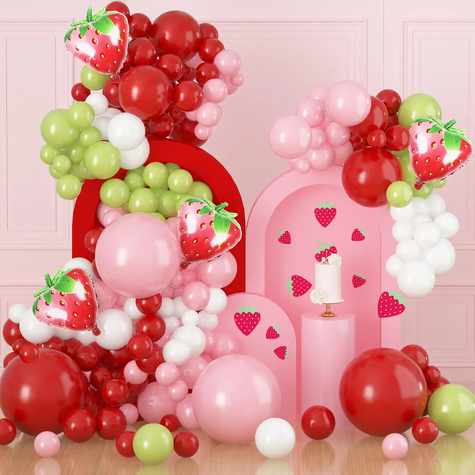 Strawberry Theme Party Green Pink Red Numbers Foil Balloon Garland Arch Kit Kids Birthday Girl Wedding Baby Baptism Decoration