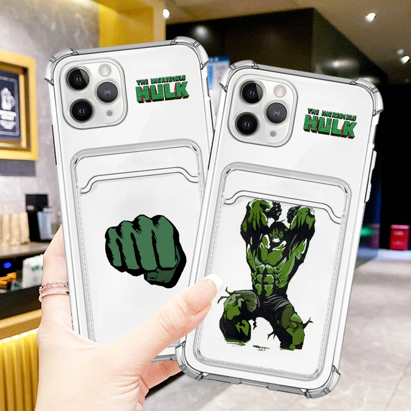 

Marvel Hulk Fashion Cartoon For iPhone 15 14 13 12 11 XS XR X 8 7 Pro Max Plus Mini Photo Card Bag Transparent Soft Phone Case