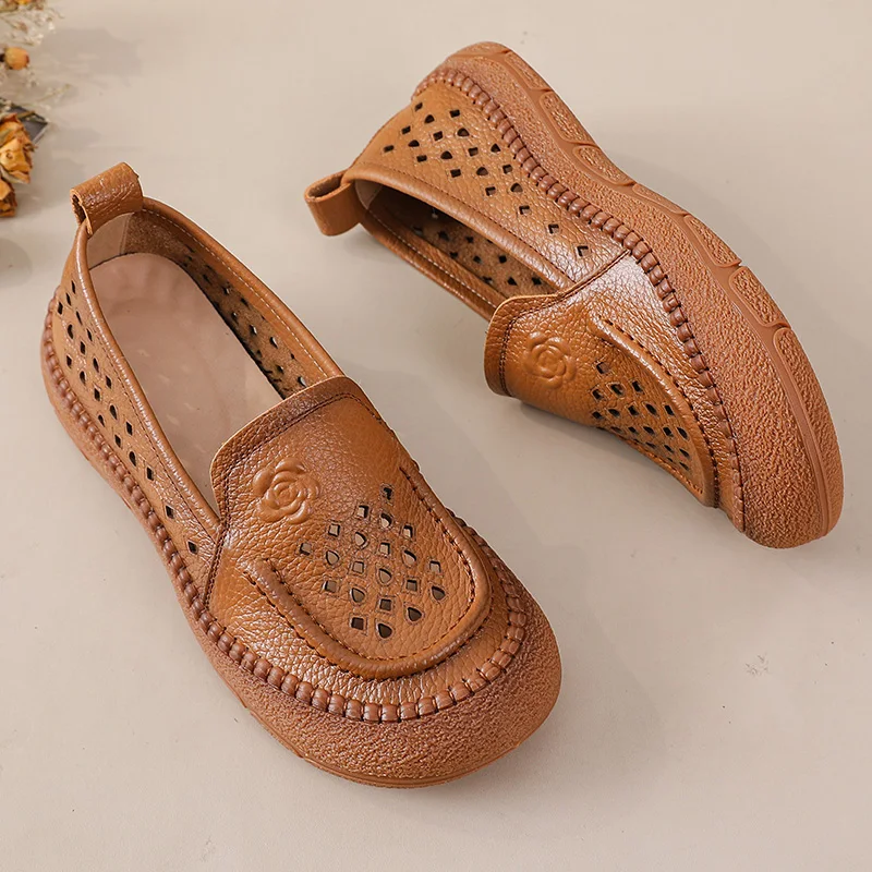 

New raised rose V cut ballet flats woman perforated moccasins women's handmade genuine leather loafers ladies soft driving shoes