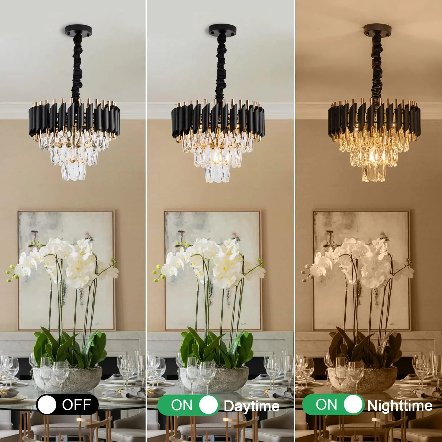 Chandelier Light Fixtures 3-Tier Black Gold Luxury Chandeliers for Dining Room Round Hanging Pendant