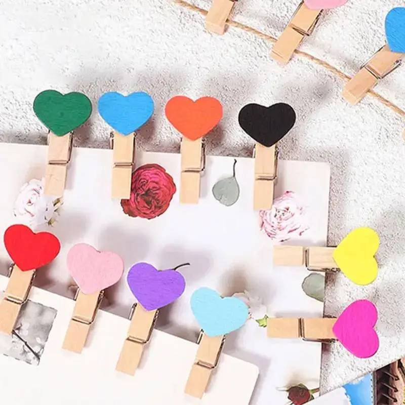 

50pcs Memo Paper DIY Photo Clips Wedding Decoration Postcard Clips Clothespin Wooden Colored Love Heart Photo Clip Office Decor
