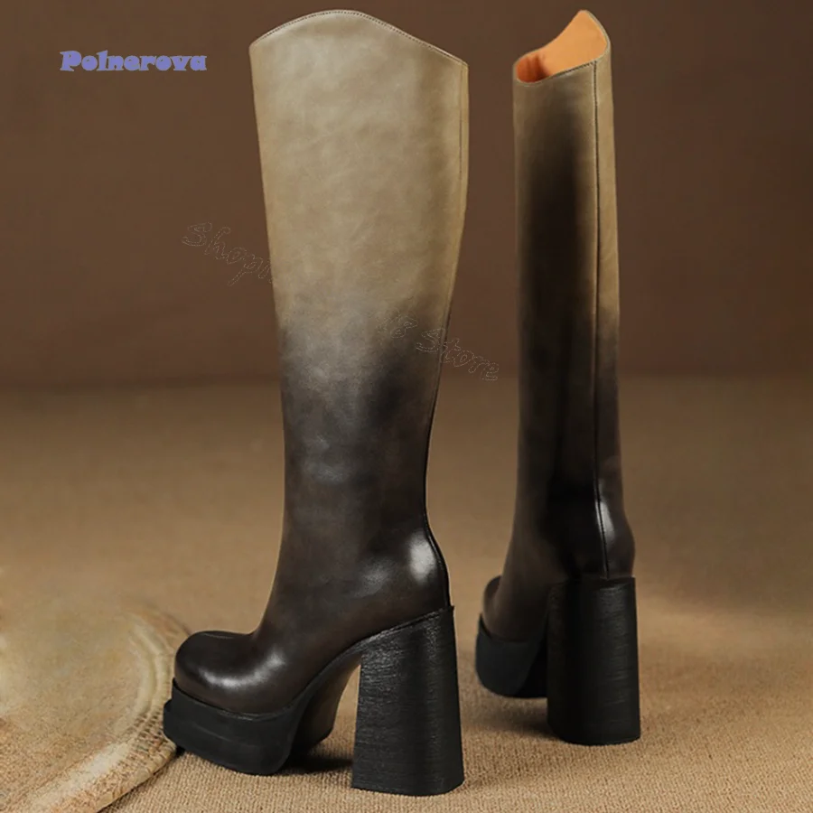 Mixed Color Leather High Heel Boots,Thick Soled Flat Toe Knee High Boots Thick Heel Zipper Women Boots New Zapatos Para Mujere