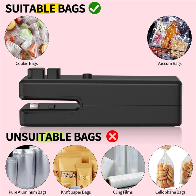 Bag Sealer , 3 In 1 Mini Bag Sealer Heat Seal With Cutter &Magnet,Rechargeable Mini Chip Bag Vacuum Sealer Machine Black Durable