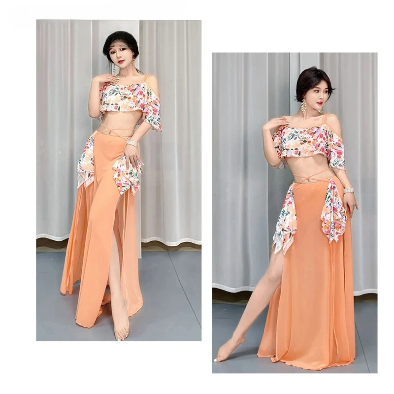 Adult Women Stage Performance Worksuit Practice Clothes Performance 2 Pcs Set Top and Skirt Belly Dance Costume Dress Suit