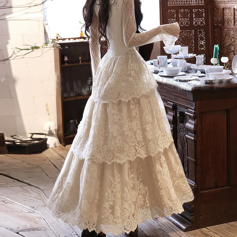 Elegante luxo vintage três camadas torre rendas vestido de festa cerimônia vestido plissado com decote em v longo grande bainha vestidos para mulher 2025