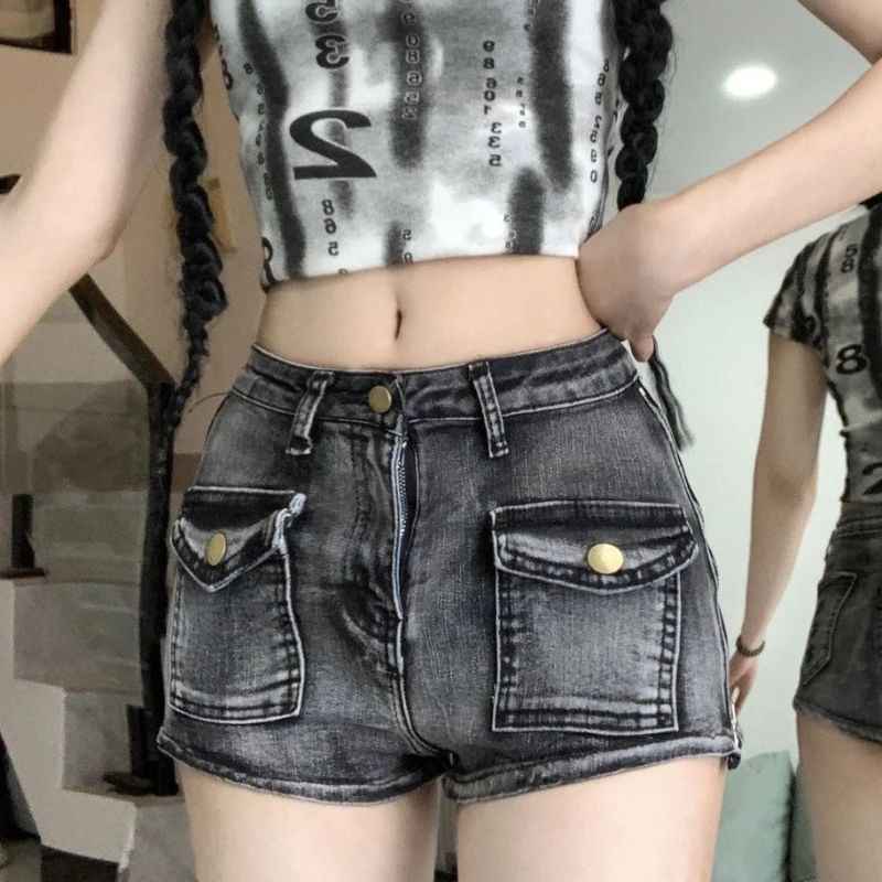 

American Retro Denim Shorts for Women with High Waist Slim Zipper Design A-line Hot Pants