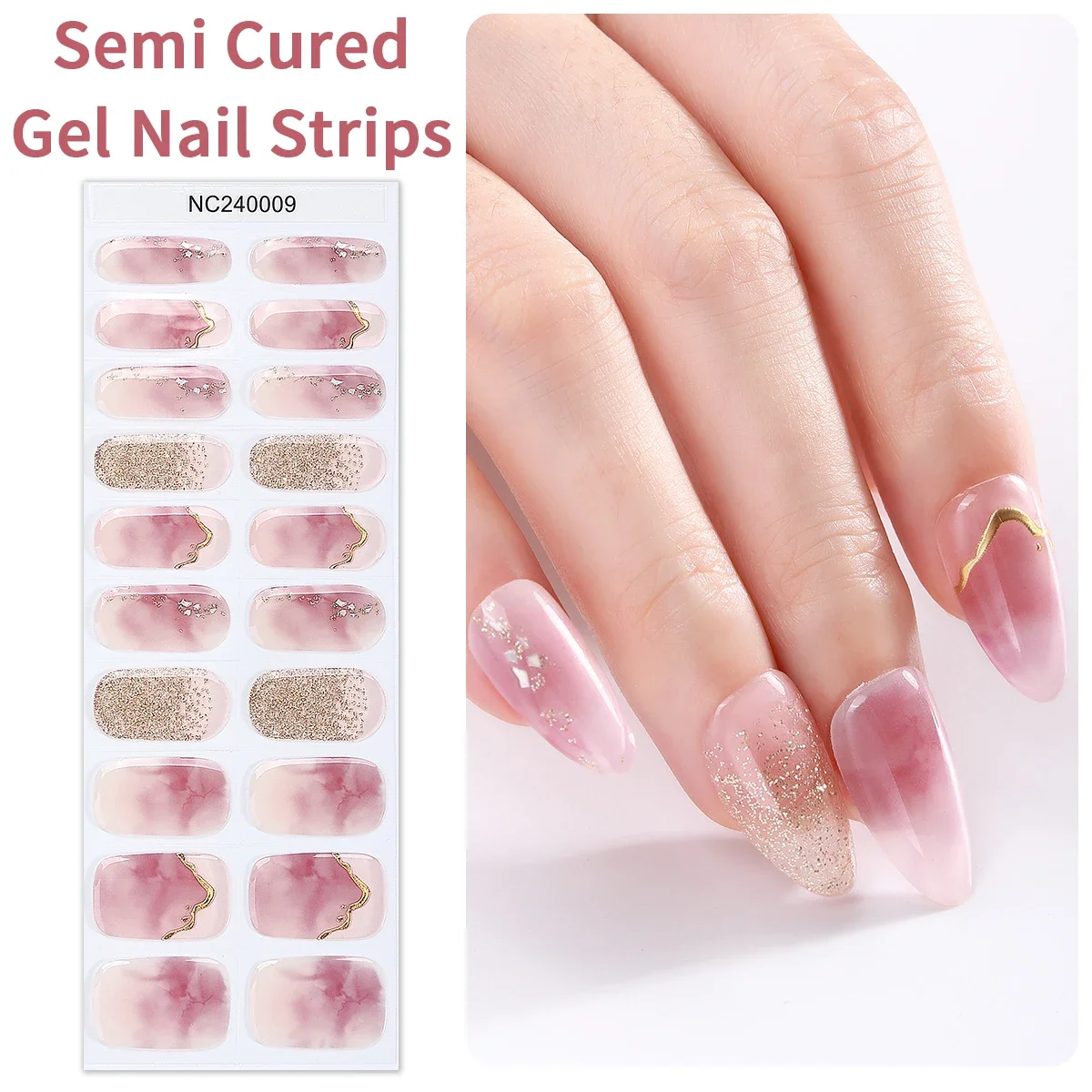 20Tips Pink Purple Semi Cured Nail Gel Strips Glitter Gradient Gel Nail Stickers for Women Self-Adhesive DIY Manicure Strip