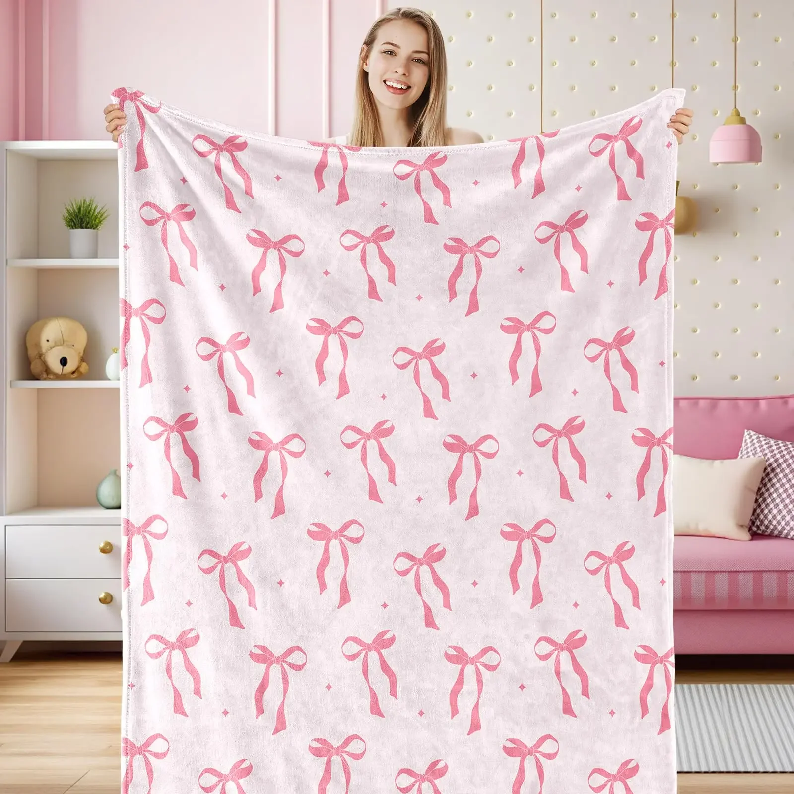 Soft Pink Watercolor Bow Pattern Flannel Blanket, Coquette Aesthetic Tiny Star White Base Fleece Throw Blanket, Lightweight Warm