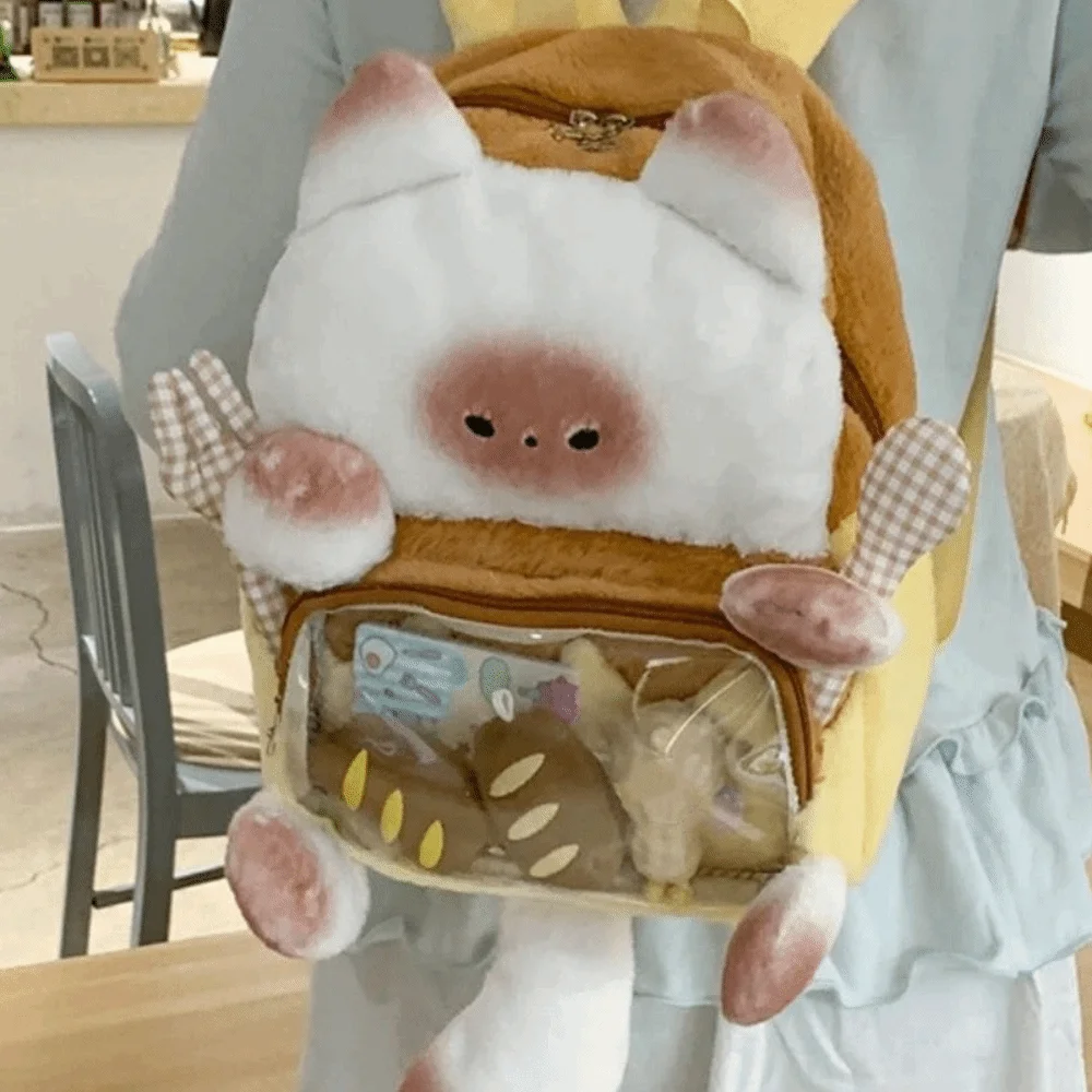 

Cute Kawaii Cat Plush Backpack Transparent Cute Bread Cat Itabag Soft Fluffy Student School Bag Casual Use