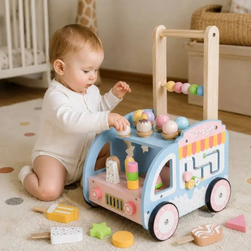 Wooden Ice Cream Cart Baby Walker Kids Learning Walker Push Along Activity Toy Pretend Play Set Toddler Newborn Christmas Gift