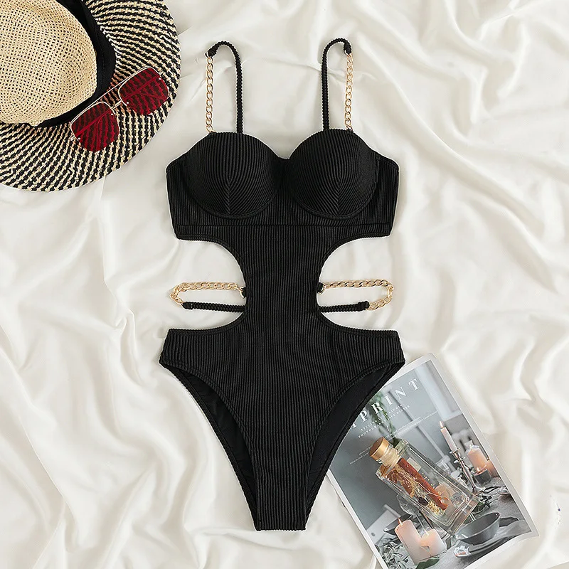 Solid Black Ribbed Backless Push Up Swimwear Woman 2025 One Piece Swimsuits Metal Chain String Hollow Out Monokini Bathing Suit