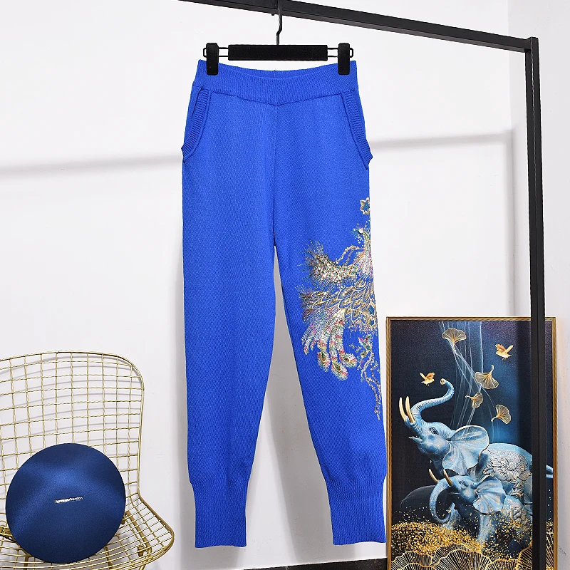 Red Pink Black Blue Knitted Set Women Loose Tracksuits Beading Peacock Embroidery Sweater Long Pants Two Piece Outfits Female