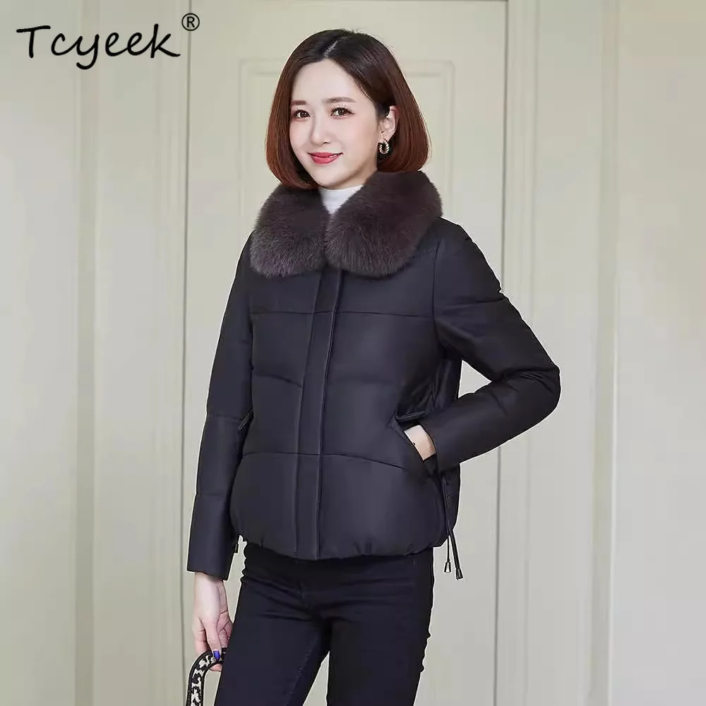 Tcyeek Real Sheepskin White Duck Down Autumn Winter Square Collar Black Women's Genuine Leather Jacket Женская Кожаная Куртка