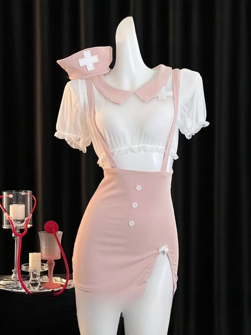 

Sexy Pure Desire Pink Nurse Cosplay Uniform,See-through Net Roleplay Lingerie for Women,Seductive Hip Skirt Outfit,Romantic