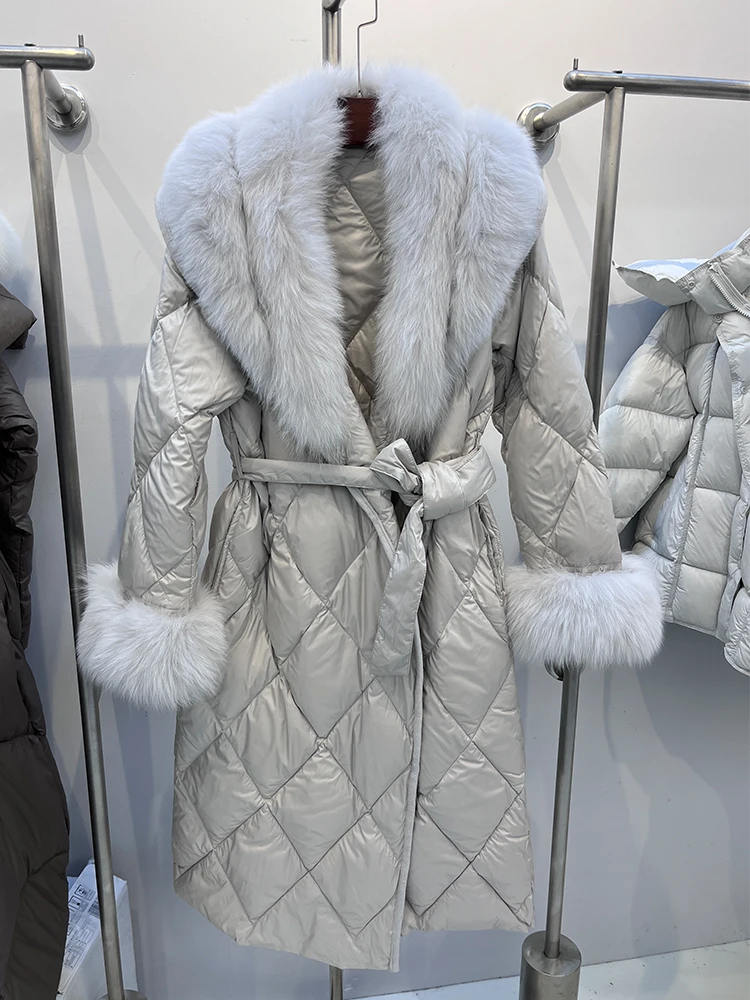 New Fashion Winter Women Long Goose Down Jacket Natural Real Big Fox Fur Collar Thick Warm Belt Parka Coat Luxury Fur Coat