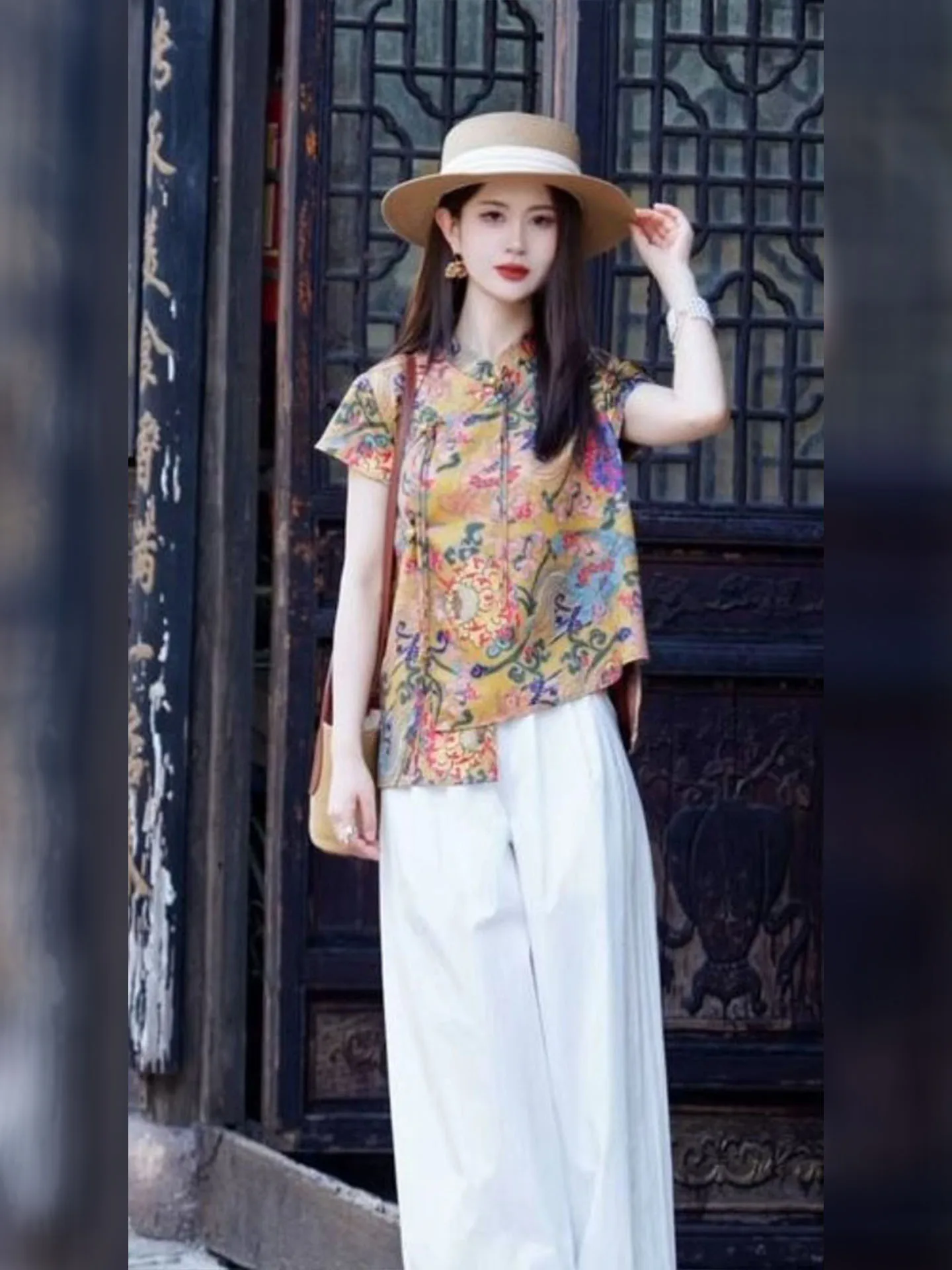 

Новинка 2025, китайский Sle Song Jin, национальный тренд, атласный атласный комплект с вышивкой и воротником-стойкой на пуговицах, жилет и брюки, летний комплект