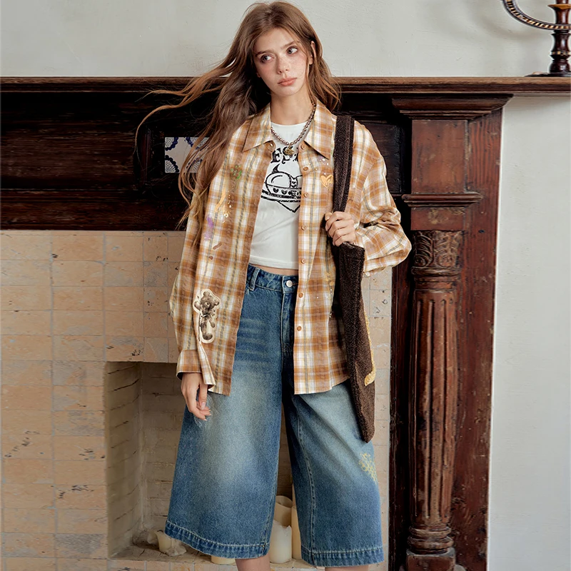 ELFSACK Women Vintage Denim Culottes with Heart Print, Loose Wide‑Leg Cropped Jeans for Casual Daily Outfit