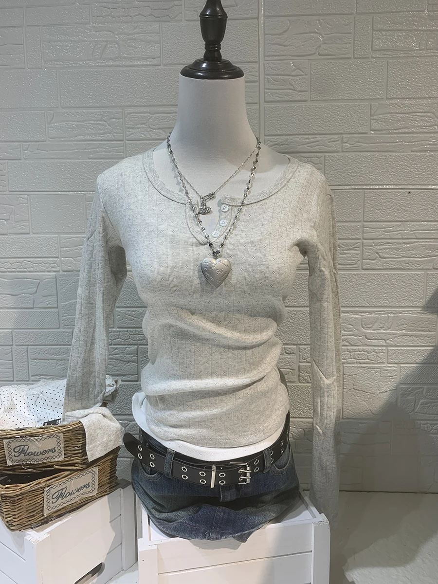 

New grey Eyelet Long Sleeve T-Shirt Autumn Three Buttons O-Neck Cotton Slim Tee Top for Woman Sweet Cute Fashion Tshirt Y2k Tops