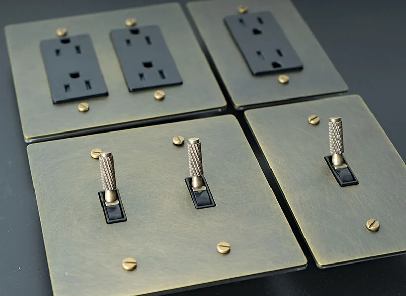 2Gang Maßgeschneiderte goldene schwarze Retro-Bronze-SS-Platte 30 Tage Messing geknoteter Kippschalter 110 V amerikanischer Standard-Wandschalter-Steckdosendimmer – Detail 21