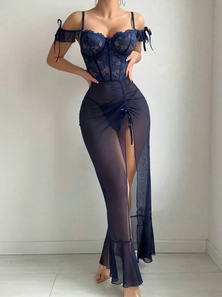 

Sexy Lingerie Hot Bra Thongs Women Lace Hollow Bra Erotic Mesh Splicing Dress with Underwear Push Up Bra Ruffle Sleepwear Pajama