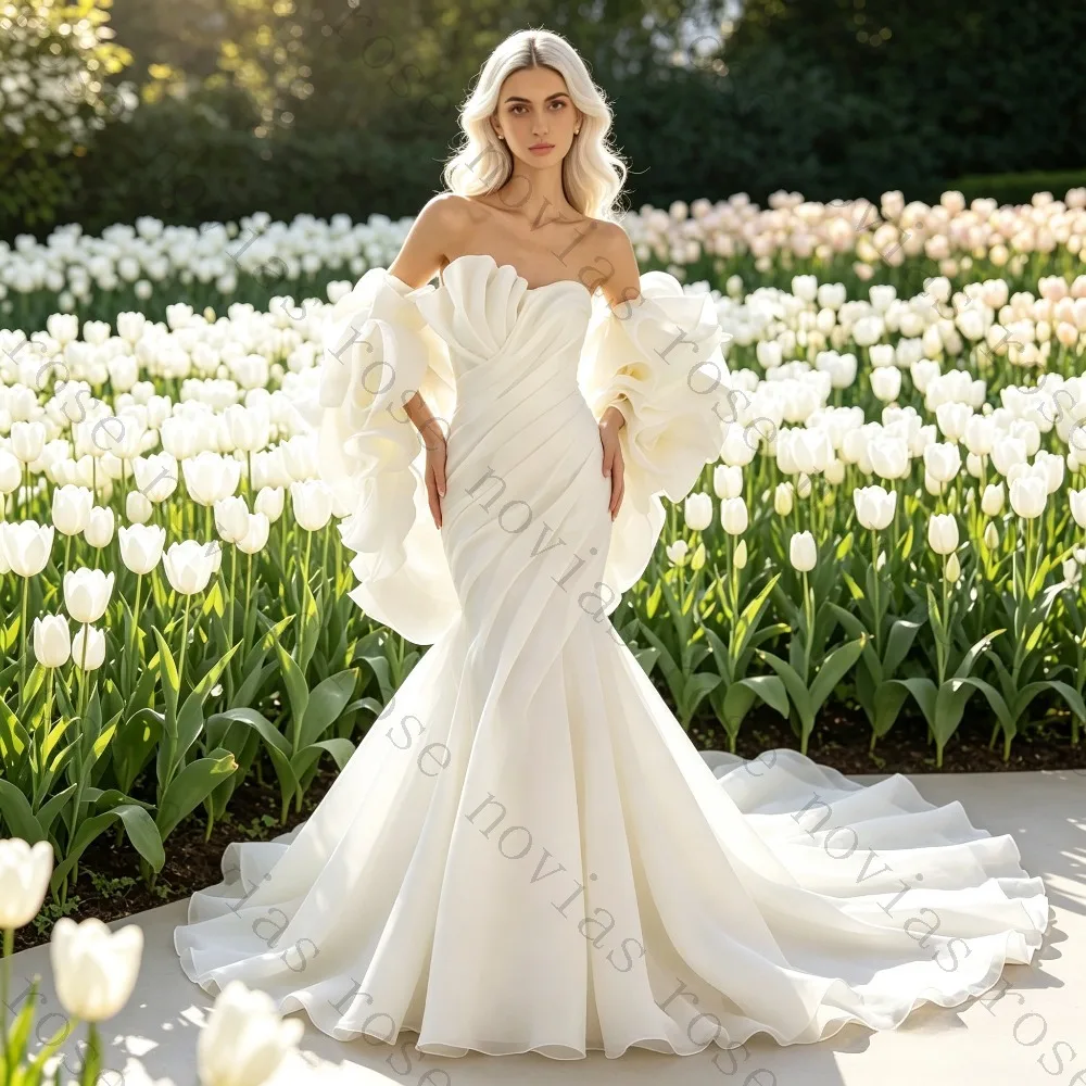 Customised Fairytale Off Shoulder 3D Ruffle Floral Mermaid Wedding Dress Organza Long Train Bridal Gown for Women Osquernovia