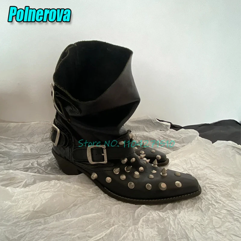 Punk Rivet Metal Buckle Motorcycle Boots Niche Design Pointed Toe Mid-Calf Boots Spring Autumn Fashion Versatile Women's Shoes