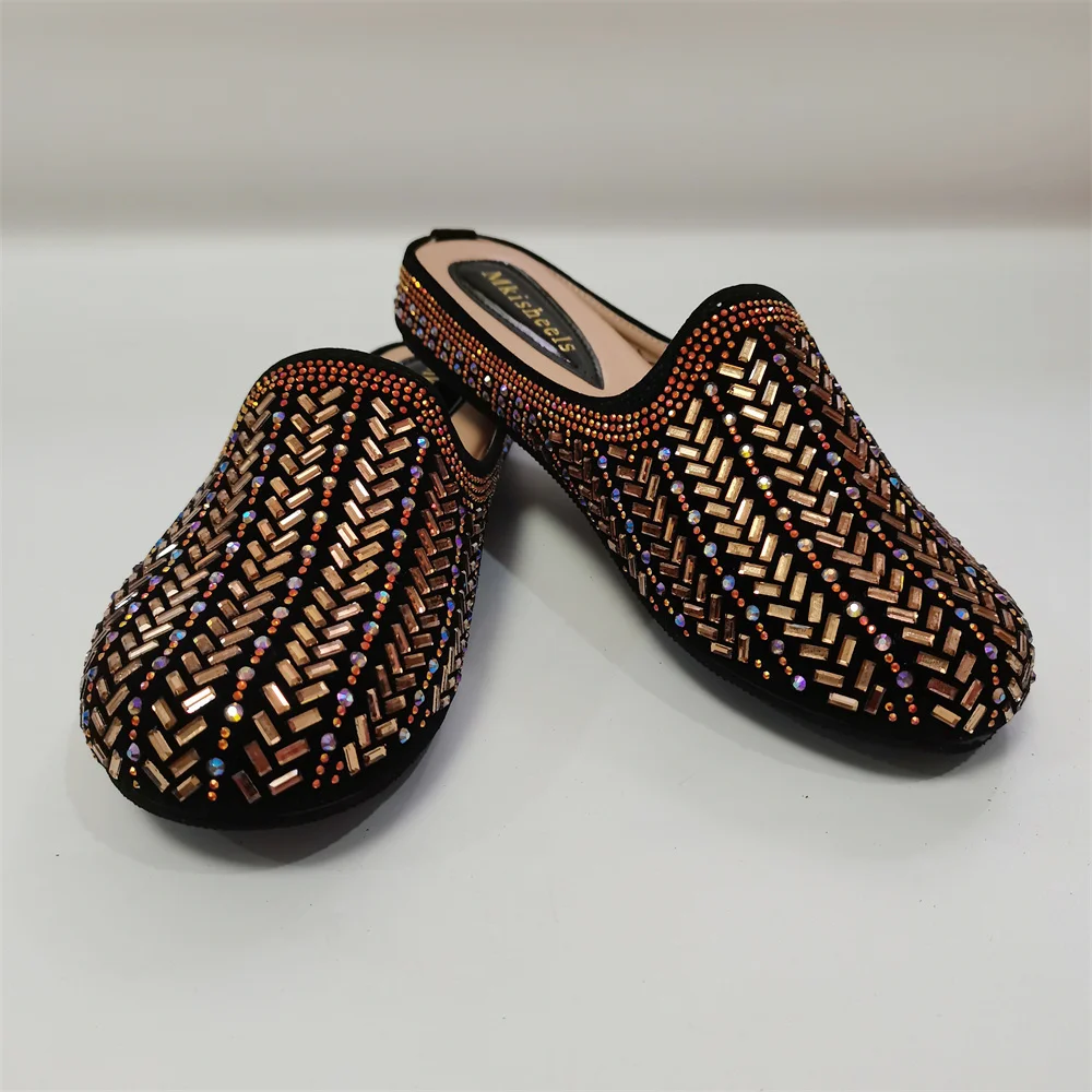 Fashion Low Heel Women Rhinestones Shoes Rhinestone Italian Design Round-Toe Lady Mullers Shoes Casual Shoes F622-2