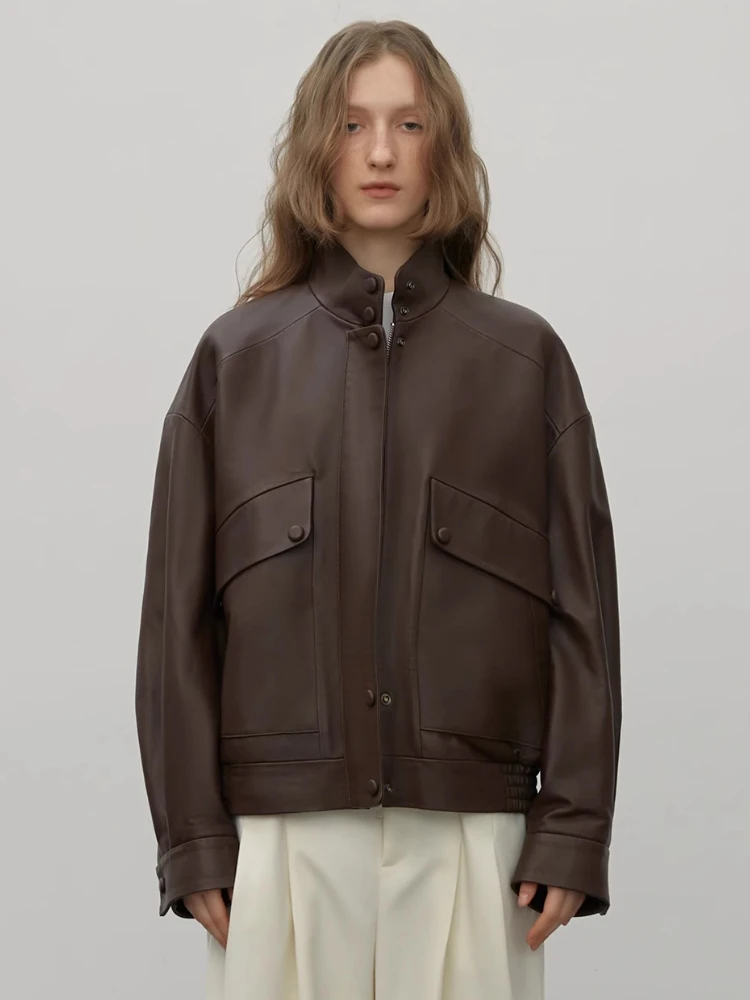 Vintage Genuine Leather Motorcycle Jackets for Women Spring Autumn High-end Simple Stand Collar Solid Soft Real Sheepskin Coat