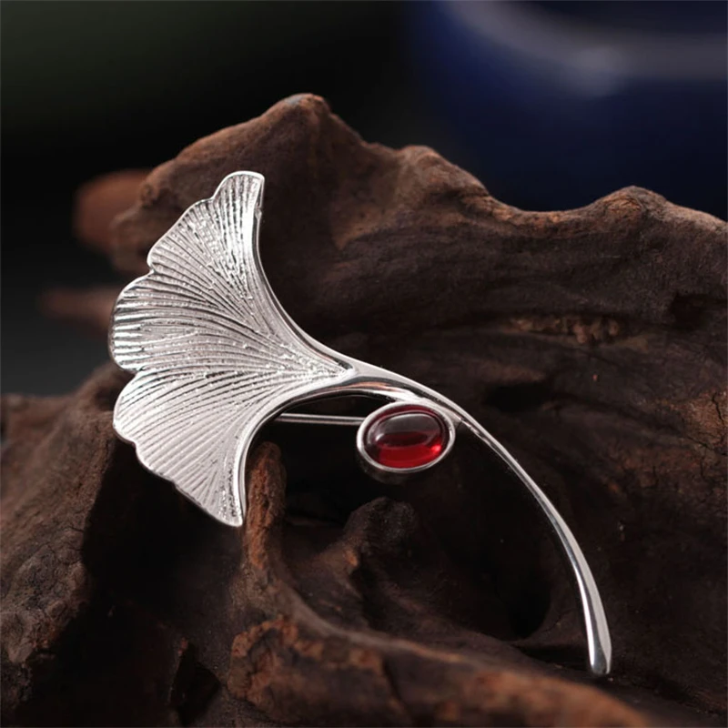 MeiBaPJ(New) 925 Sterling SilverPomegranate and Ginkgo Biloba Leaves Brooch Men and Women Fine Charm Party Jewelry