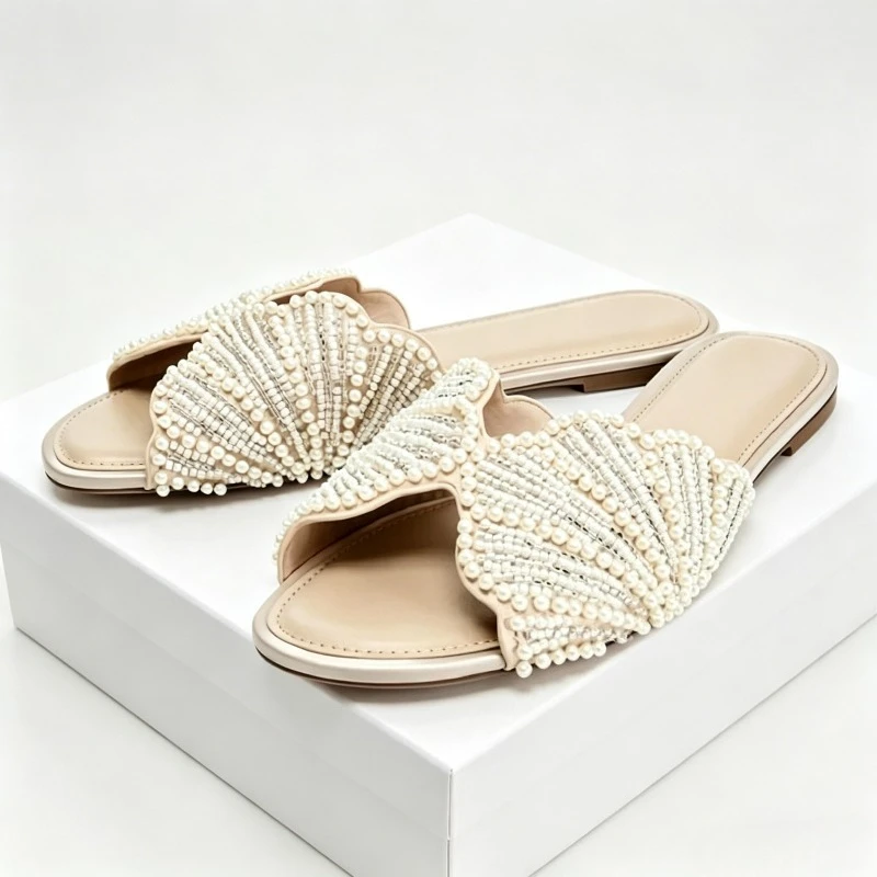 

Luxury String Beads Designer Flat Sandals Women Comfortable Non-slip Round-Toe Slides Fashion Summer 2026 Women's Slippers