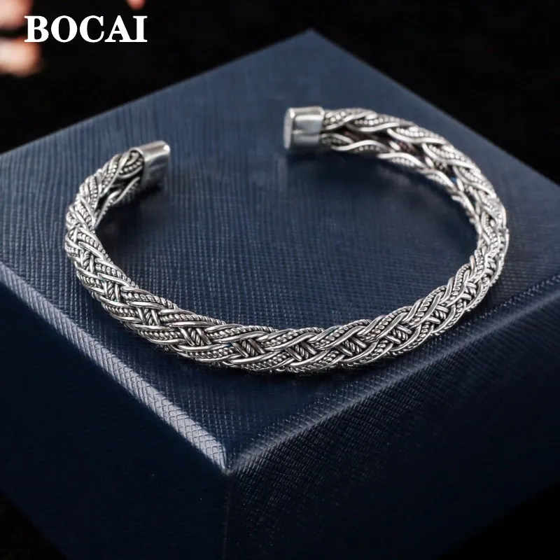 BOCAI New Real S925 Silver Thai handmade Twisted Thread Aged Men's and Women's Bracelet Personalized Fashion Christmas Gift