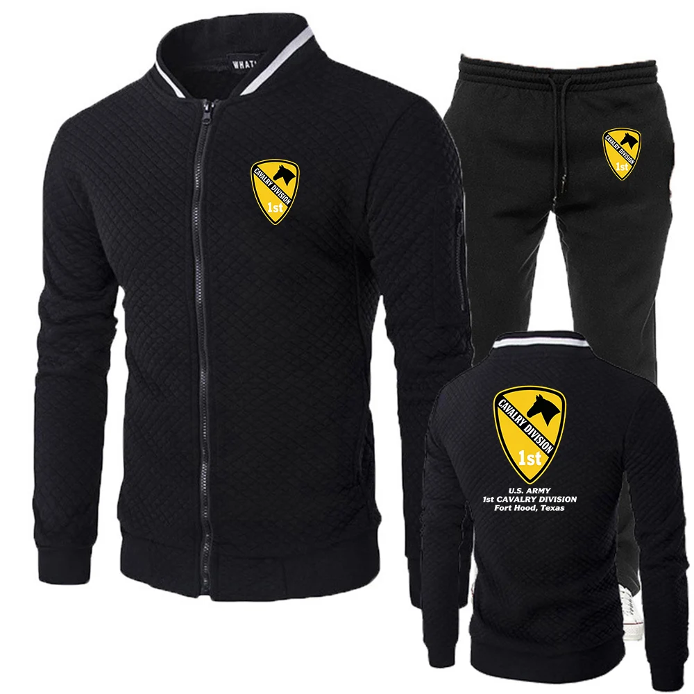 US Army 1st Cavalry Division Veteran Men's Printed Sportswear Zipper Hooded Pullover+Pants 2 Piece Set Casual Suit Hoodies