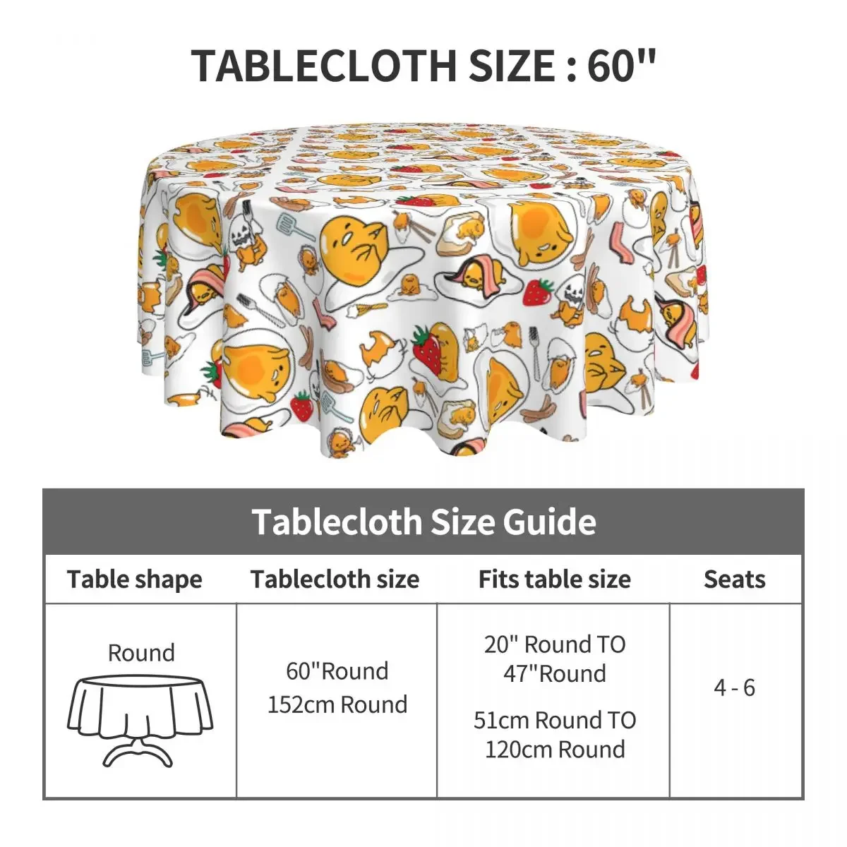 Cute G-Gudetama Tablecloth Funny Egg Outdoor Round Table Cover Kawaii Printed Table Cloth For Kitchen Dining Room