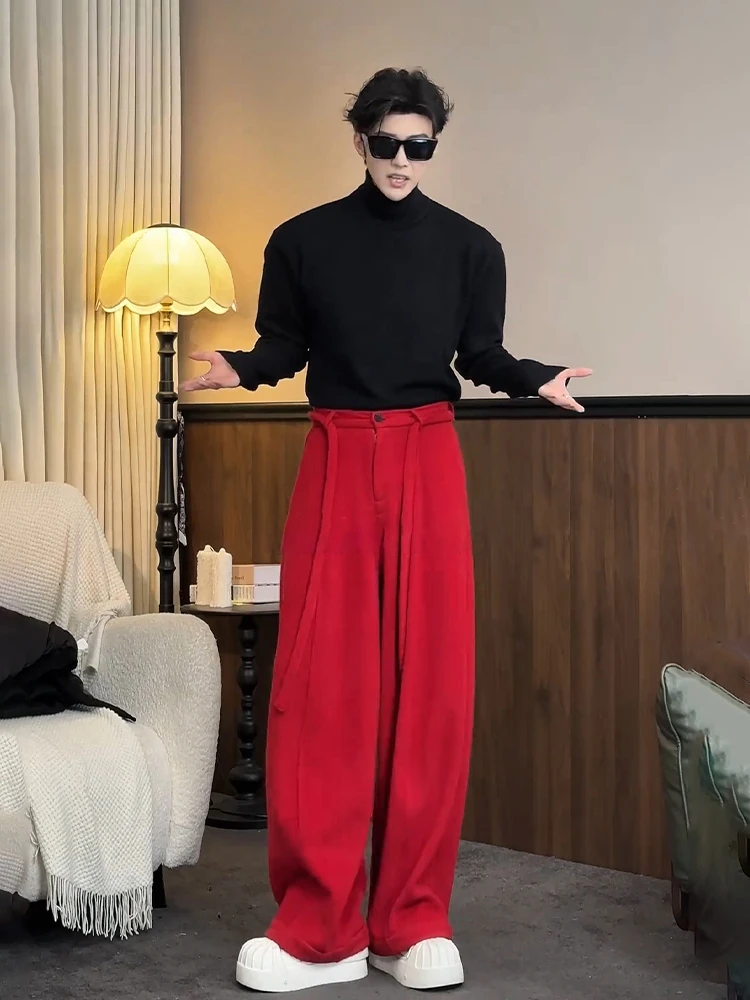 

Red Sa Curved Knife Wide Leg Pants Men's Autumn Winter Straight Tube Woolen Fce Lined Trousers High Drape Casual Long Pants