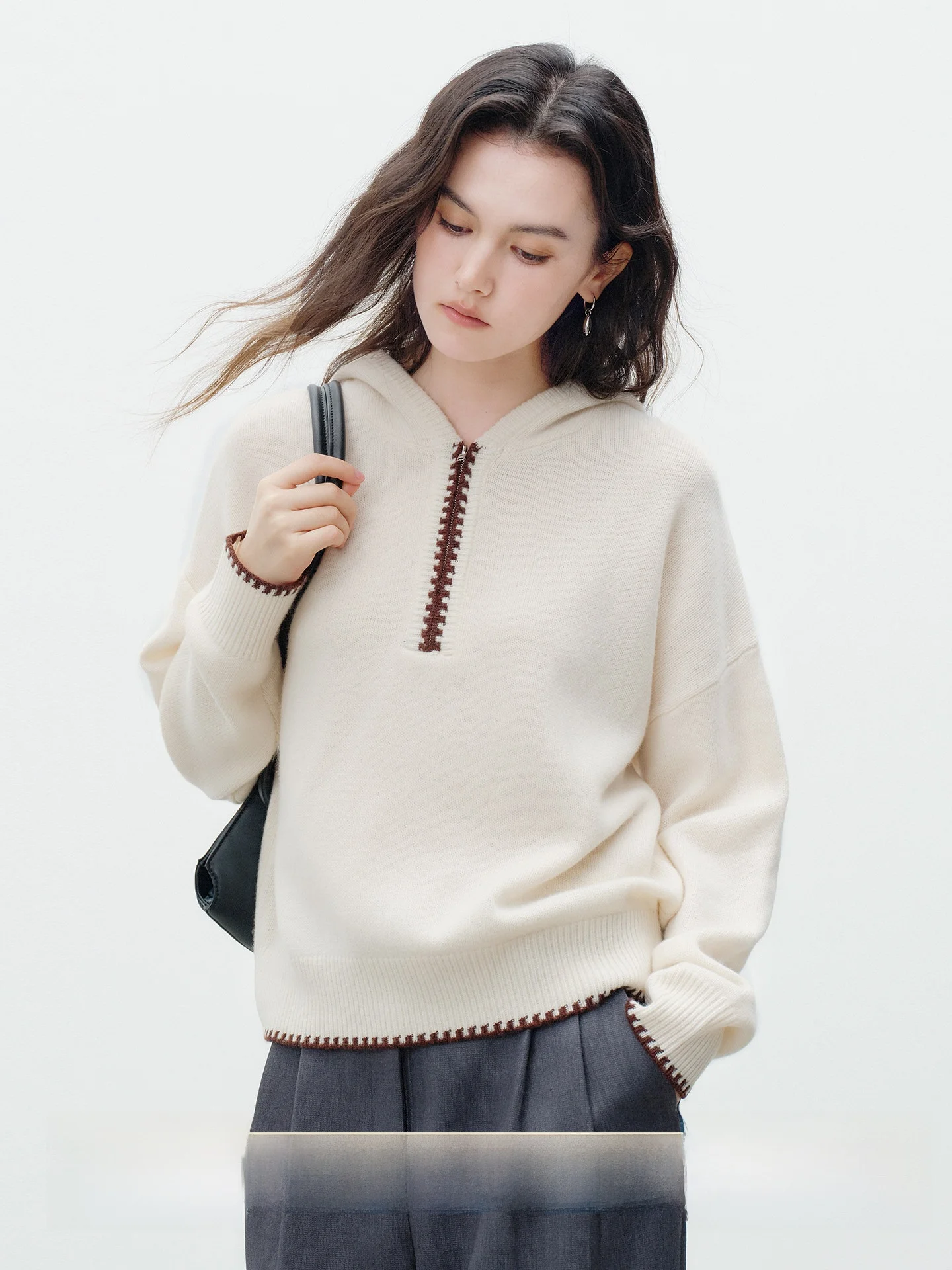 

Женский вязаный свитер-худи на молнии из 100% шерсти, однотонный, с капюшоном, повседневный, длинный рукав