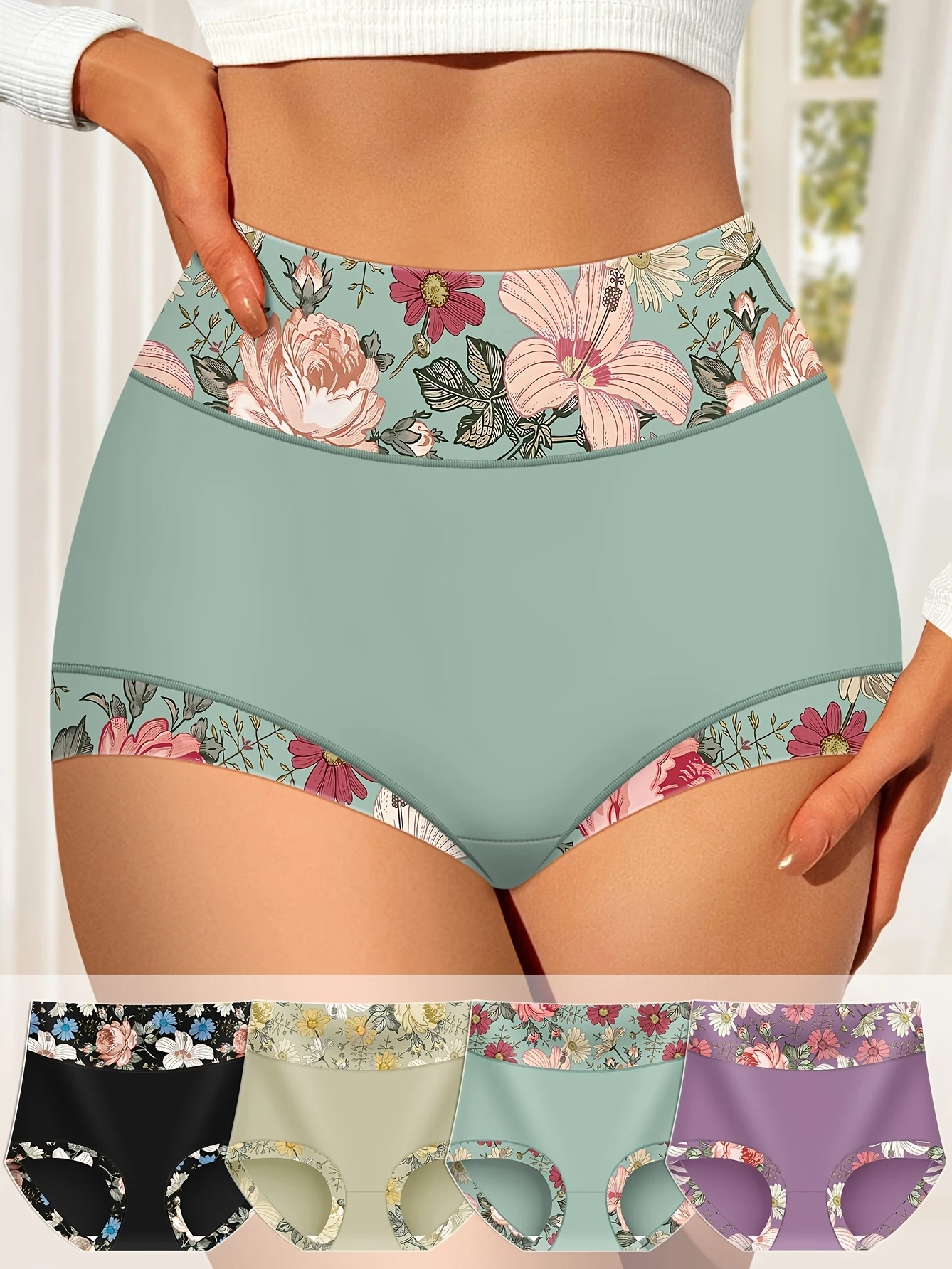 Confezione da 4 mutandine da donna a vita alta con controllo della pancia e sollevamento del sedere con stampa floreale - Vestibilità morbida ed elast