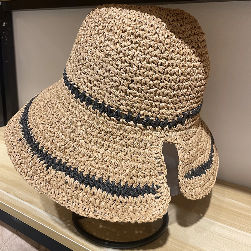 Luna&Dolphin Handmade Crochet Cap Spring Summer Sun Hat Camel Color Holiday Fold Fisherman Cap Large Brimmed Bucket Hat Girls