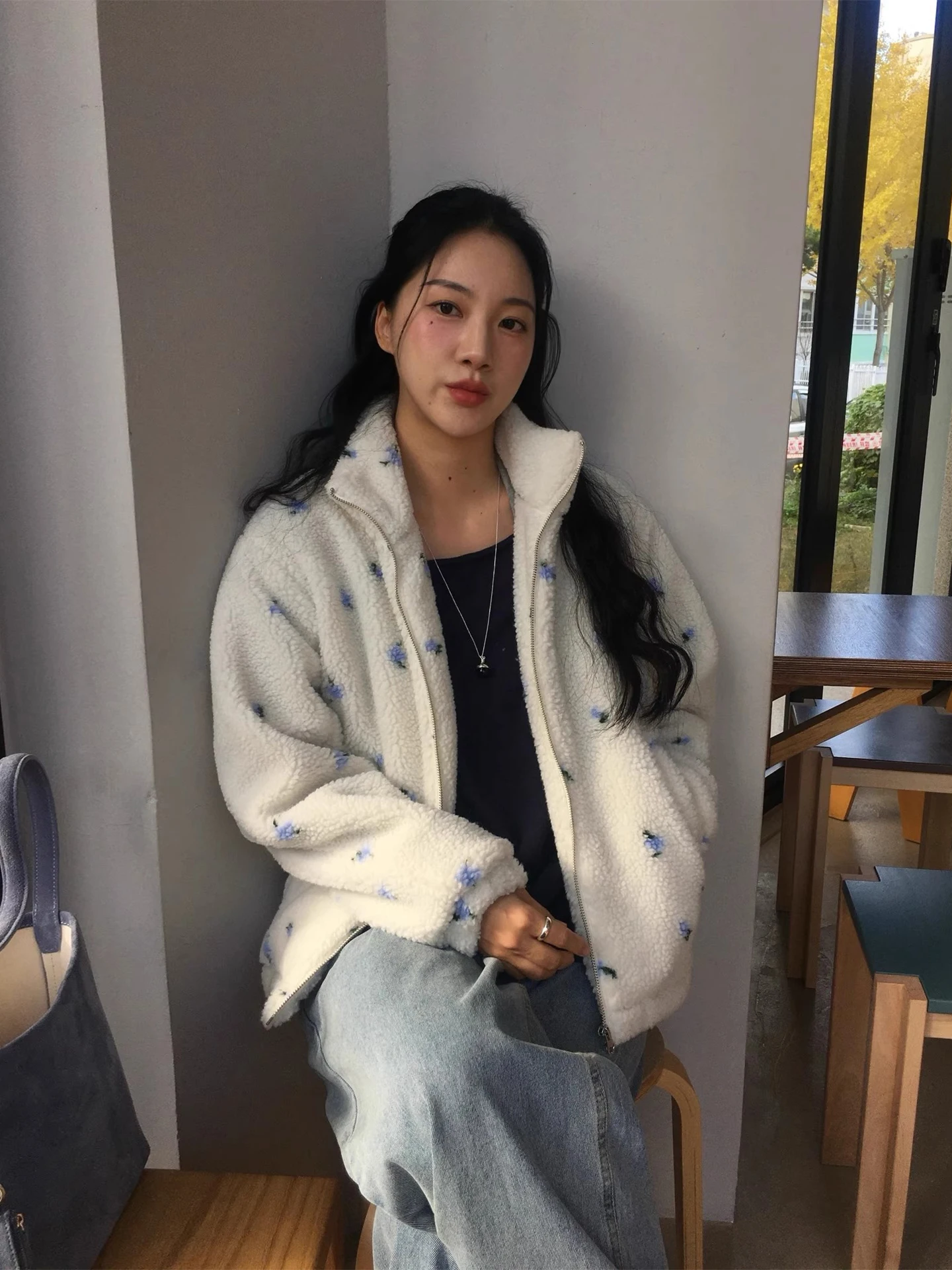 الرجعية Fre الوقوف طوق اللون بلو الأزهار فرو الضأن ort Jaet المرأة شتاء جديد سستة تنوعا القطن معطف تخفيف Sle