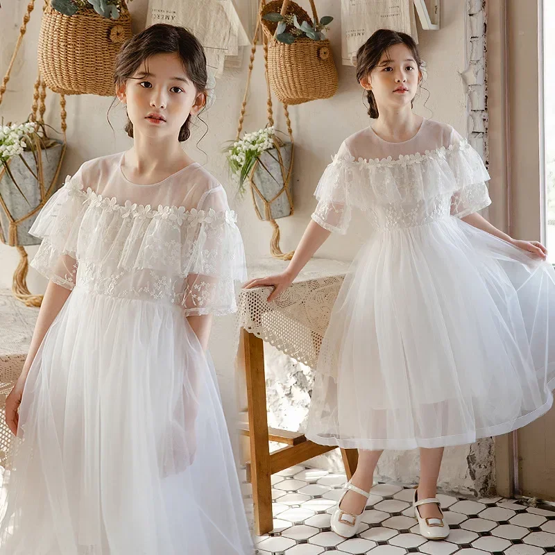 Girls Wedding Dress 2024 Summer New White Mesh Princess Dresses for Children 12 13 Years Short Sleeves Kids Birthday Party Dress